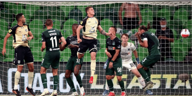 Krasnodar s and Rubin s players struggle for a ball during the Russian Premier League soccer match between Krasnodar and Rubin Kazan, in Krasnodar, Russia.